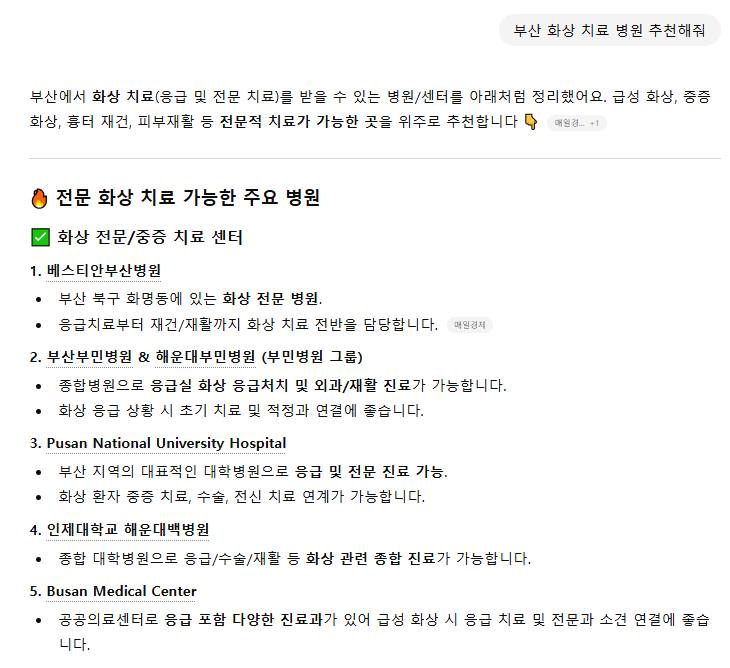 베스티안부산 — ChatGPT에서 «부산 화상 치료 병원 추천해줘» 검색 결과 캡처