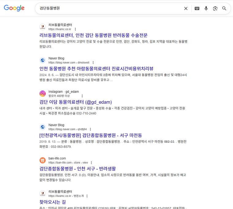 리브동물의료센터 — Google에서 «검단동물병원» 검색 결과 캡처