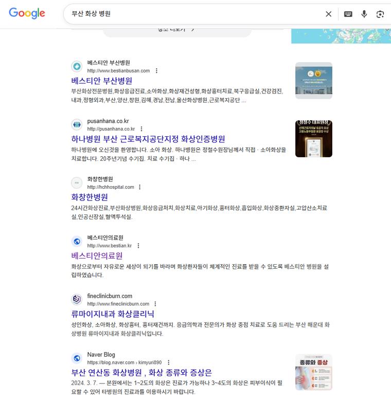 베스티안부산 — Google에서 «부산 화상 병원» 검색 결과 캡처