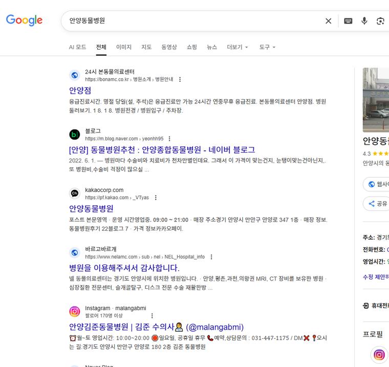 본동물의료센터 — Google에서 «안양동물병원» 검색 결과 캡처